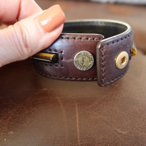 YSL Rive Gauche brown leather bracelet cuff with 9 tiger's eye stones/beads EUC! - Picture 8 of 14